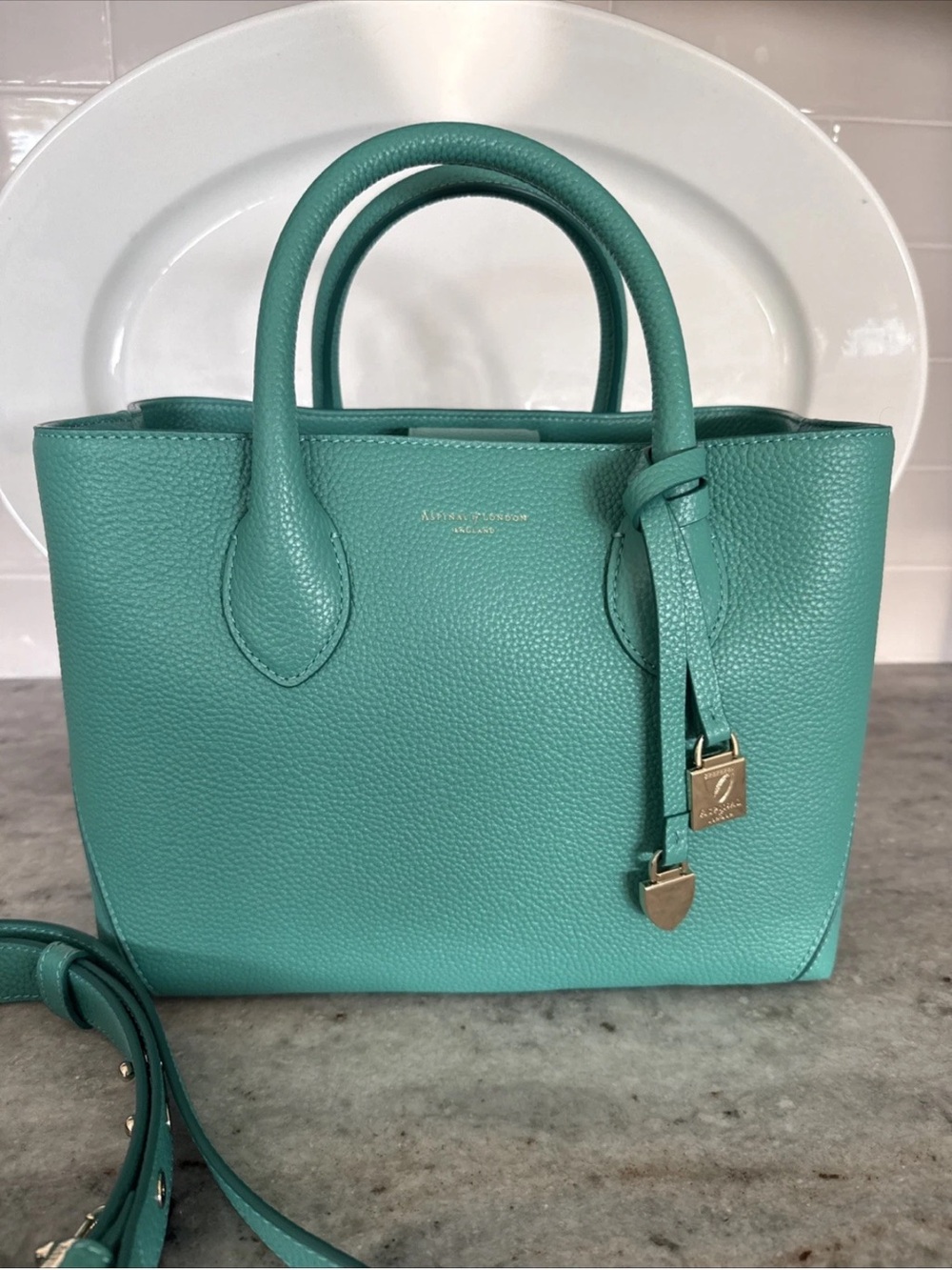 EUC Aspinal of London Midi London Chalkhill Blue Pebbled Leather Light Gold HW